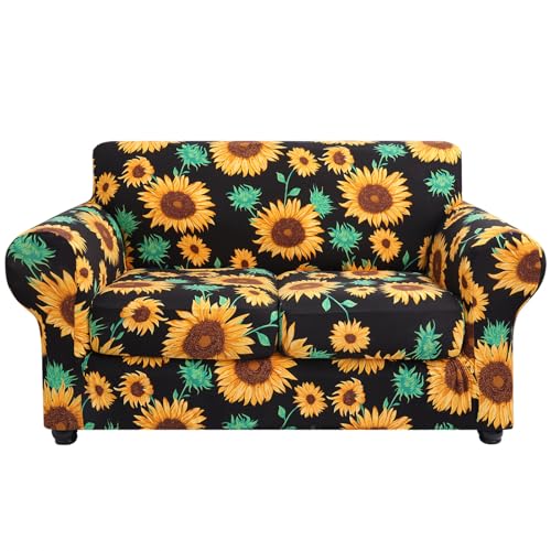hyha Couch Cover, Loveseat Covers, Floral Pattern, Stretch, Printed, 3 Pieces, Sofa Slipcovers, for 2 Separate Cushion Couch Sofa, Washable Furniture Protector for Dogs(Loveseat, Sunflower)