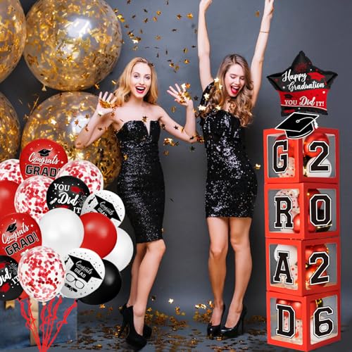Image of Graduation Decorations Class of 2026 - Red and Black Graduation Decorations - Balloons Boxes with Letters 2026 GRAD So Proud of You, Congrats Grad Party Decorations for Any Grades