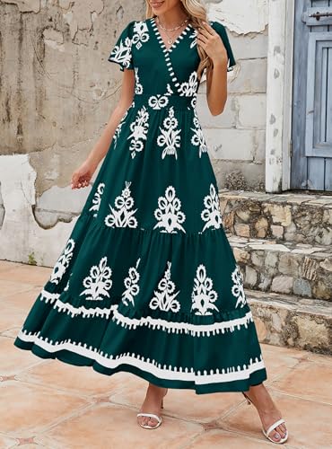 Image of PRETTYGARDEN Womens 2026 Summer Casual V Neck Boho Maxi Dress Flowy Aline Bell Sleeve Tiered Floral Dresses with Pocket