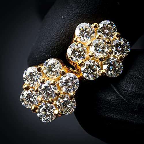 Mens Women Large Trendy Flower Cluster 14k Yellow Gold Plated 925 Sterling Silver Hip Hop Round Shape Iced 5A CZ Circle Screw Back Earrings Jewelry Gifts For Men Women3