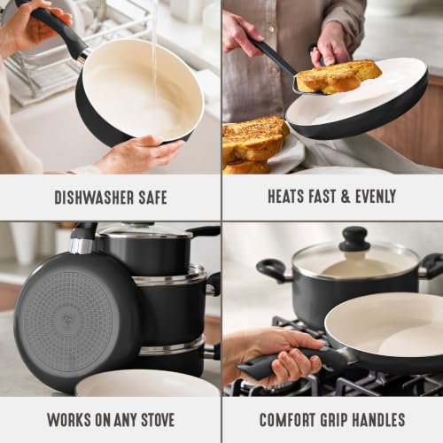 Image of GreenLife 16-Piece Nonstick Cookware Set, Non-Toxic Ceramic Pots and Pans Set, Durable Healthy Kitchen Essentials, Fast Heating, Induction Ready, Easy Clean Dishwasher Safe, PFAS-Free, Graphite Black