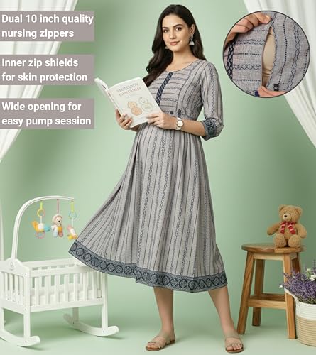 Image of DUMMY SHAPE Pregnancy Dresses for Women Cotton | Floral Anarkali Flare Kurta with Dual Nursing Zippers | Pregnancy & Breastfeeding | Feeding Kurtis | Baby Shower | Gifts for Pregnant Woman