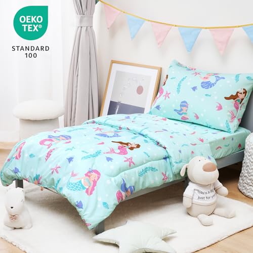 Image of david's kids 4 Piece Toddler Bedding Set - Soft Breathable Toddler Bedding Set for Boys Girls, Includes Quilted Comforter, Flat Sheet, Fitted Sheet and Pillowcase, Mermaid