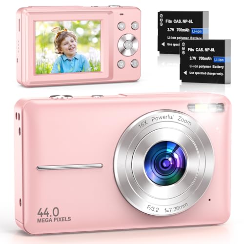 Digital Camera FHD 1080P 44MP Compact Digital Camera 2.4 LCD Compact Camera with 16X Digital Zoom, 2 Batteries for Kids Beginner Teenagers Pink