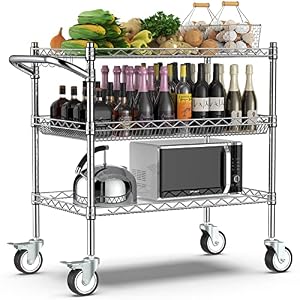 Leteuke 3 Tier Rolling Carts with Wheels990Lbs Heavy Duty Rolling Utility CartNSF Commercial Grade Metal Cart with HandleShelf LinerTrolley Serving Cart for KitchenRestaurantPlant DisplayChrome