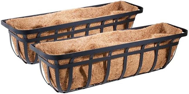 BestNest 2-Pack Panacea 88558 Flat Iron Series Planter Boxes, 36" – Black Metal Window Box Planters with Coco Liners – Durable Wall or Fence Mount Trough Planters for Flowers, Herbs & Outdoor Décor