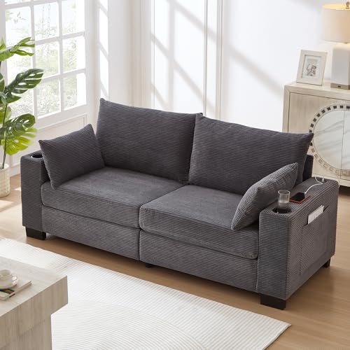 78" Cloud Loveseat Sofa, Modern 2 Seater Loveseat Couch with Dual Cup Holders & USB Charging Ports, Comfy Corduroy Upholstered Sofa with Side Storage Pockets for Apartment