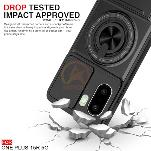 Image of OnePlus 15R 5G Back Cover | Armor Camera Slider 360 Degree Rotating Finger Ring Holder Case with Bracket Stand Back Case Cover (Compatible with MagSafe Accessories) (Black)