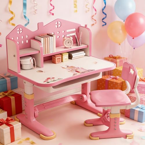 Image of Kids Desk and Chair Set with Castle Backboard - Height Adjustable Children's Study Table with Storage Drawer & Bookstand, Widened Desktop & Ergonomic Chair for Boys Girls 3-12 Years (Pink)