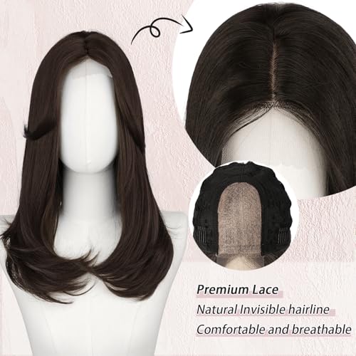 Image of FESHFEN Lace Front Hairline Wigs with Bangs, Synthetic Natural Looking Long Layered Straight Hair Wig for Women Daily Party Costume, 18 inch Natural Black
