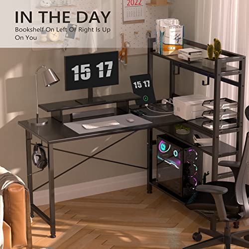 Comhoma Gaming L Shaped Computer Desk, 55" Inch Home Office Desk With Shelves, L Shape Computer Corner Desk With Charging Port, Gaming Table Power Outlet Build In, Led Writing Desk With Monitor Stand #TOP4