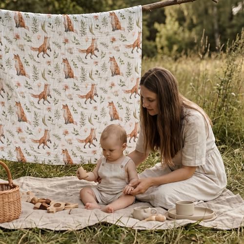 Image of Muslin Swaddle Blankets for Newborn, 4 Pack Breathable Soft Receiving Blanket, Large 38 x 40 inches Swaddle Wrap Burping Clothes, Essentials Infant Shower Items, Toddler Gift (Forest Fox)