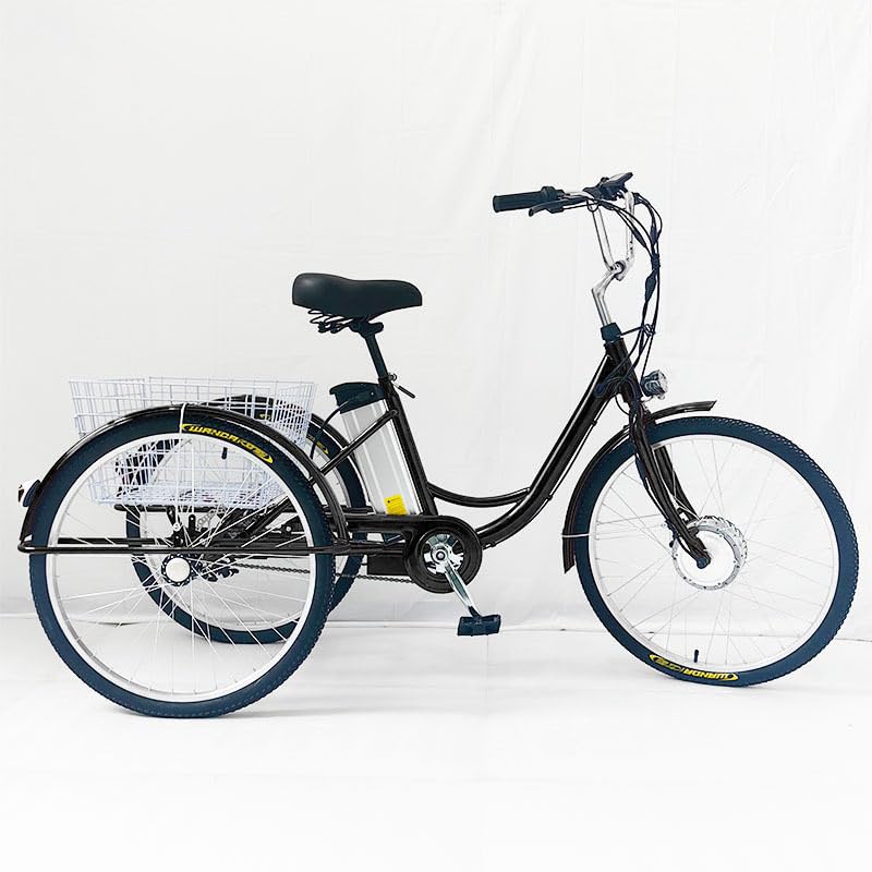 SUNBGRPYE Elektro-Dreirad FüR Erwachsene, 24-Zoll Dreiradfahrrad, Mit 350W-Motor + 36V 12Ah Akku, 35–40 Km Reichweite, 150 Kg Tragkraft, Trainings- Und Einkaufsroller FüR äLtere Menschen,Black-Basket
