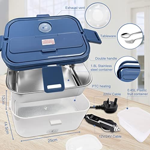 AUTOPkio Heatable Electric Lunch Box, 3 in 1 24V/ 12V/ 220V Heating Food Warmer 1.8L Stainless Steel Container and Spoon Fork with Bag for Car Truck Office Home (Blue)