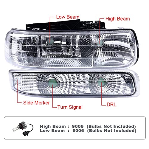 G-Plus Headlights Assembly, Compatible With 1999-2002 Chevy Silverado/ 2000-2006 Suburban Tahoe Bumper Headlamp, Clear Lens Chrome Housing Clear Reflector #TOP1