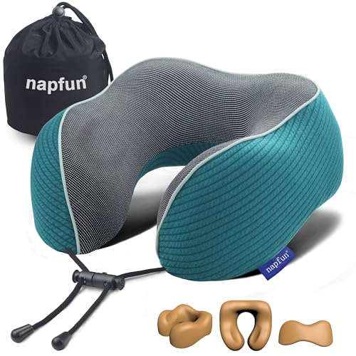 Image of napfun Neck Pillow for Traveling, Upgraded Travel Neck Pillow for Airplane 100% Pure Memory Foam Travel Pillow for Flight Headrest Sleep, Portable Plane Accessories, Teal
