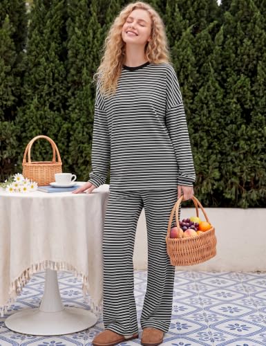 Image of MISSACTIVER Women's 2 Piece Striped Lounge Set Long Sleeve Oversized T-Shirt Wide Leg Pants Matching Pajamas Set