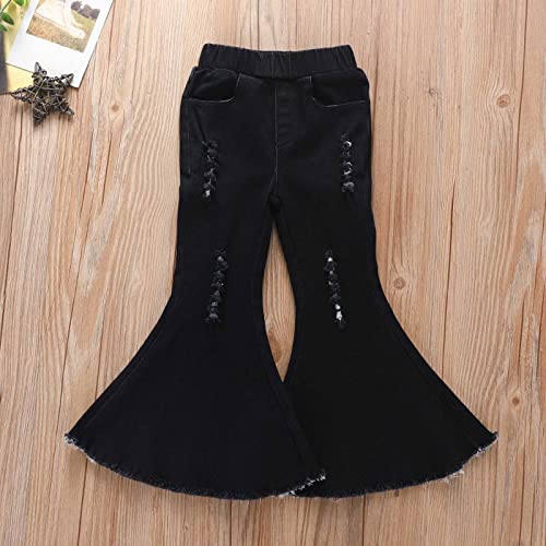 Toddler Girls Ripped Flared Jeans Kids Casual Elastic Waist Frayed Hem Pants Bell Bottom Pants (Black, 5-6 Years)2