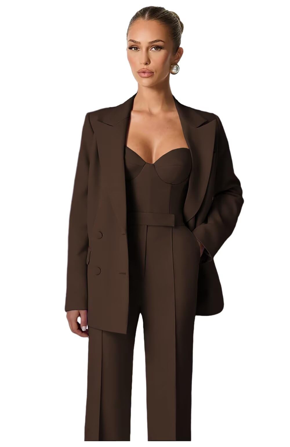 Elegant Suits for Women 3 Piece Set V Neck Spaghetti Strap Top Womens Suits Double Breasted Wide Leg
