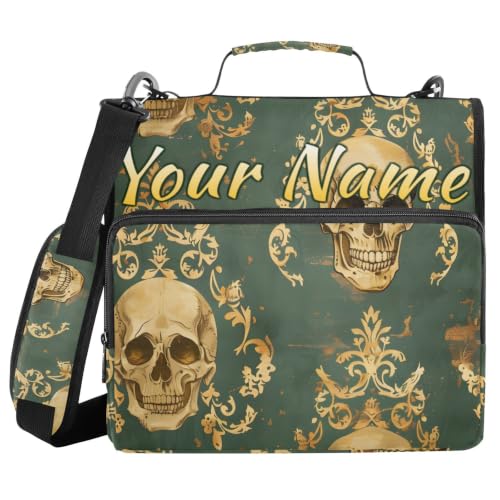 Image of Custom 3 Ring Zipper Binder Aztec Skeleton Skull Grunge Personalized Name 1.5 Inch Binders Large Capacity Multi Pockets for School Office Supplies