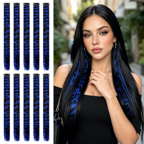 Sofeiyan Leopard Printed Clip in Hair Extensions, 10Pcs Dark Blue Stripe Printed Hairpiece, Long Straight Synthetic Colored Hair Accessories for Women Party Halloween Cosplay