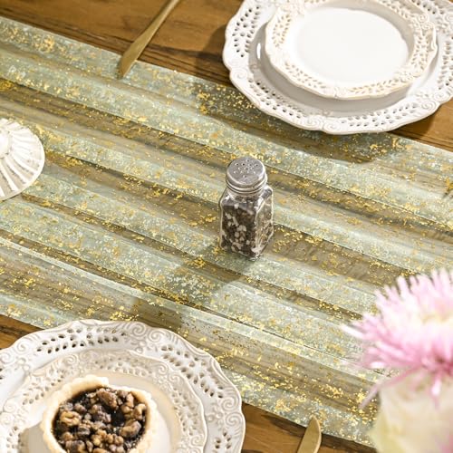 Artoid Mode Sage Green Gold Gauze Table Runner 120 Inch 10FT, Glitter Metallic Foil Sheer Dining Wedding Anniversary Holiday Birthday Table Decor for Home Party by Artoid Mode - Image 4