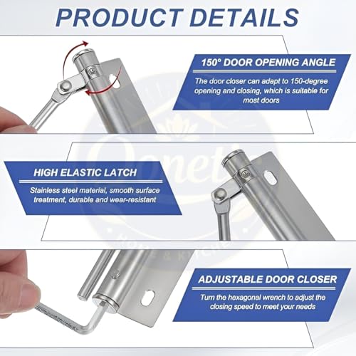 Image of QONETIC Pack of 2 Automatic Door Closer, Adjustable Stainless Steel Spring with 150 Opening Angle, Heavy Duty Safety Soft Closing with Screws Allen Key for Residential & Commercial