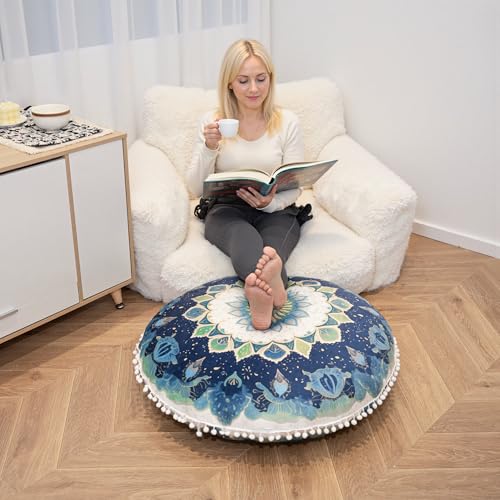 DAWNYIELD Meditationskissen für den Boden, Runde Sitzkissen mit waschbarem und abnehmbarem Bezug, 80 cm Großes Ergonomisches Yogakissen mit Pompon-Dekor, Für Innen- und Außenbereich, grün