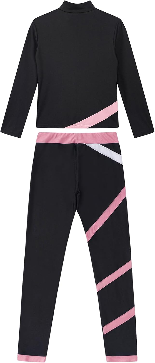 ranrann Kids Girls Figure Skating Training Suit Shiny Ice Skating Jackets with Athletic Leggings Gymnastics Dance wear