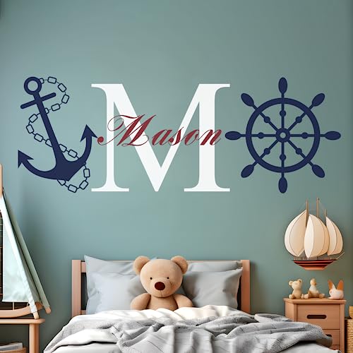 Personalized Name & Initial Rudder and Anchor Wall Decor I Nursery Wall Decal for Decoration I Nautical Decor for Home Bedroom Children I Multiple Options for Customization