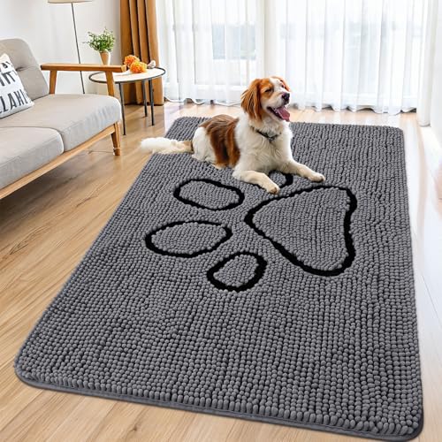 Image of Smiry Dog Door Mat for Muddy Paws, Absorbent Dirt Trapper Non Slip Quick Dry Washable Chenille Mat for Mud Dogs, Entry Rug for Indoor and Outdoor (59x35 Inches, Dark Grey and Black)