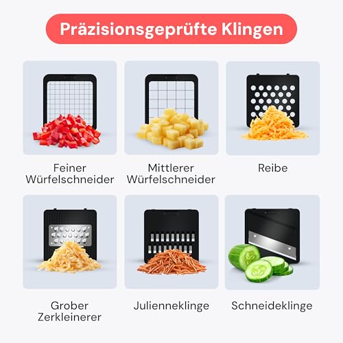 Fullstar Gemüseschneider und Mandoline Gemüsehobel - Julienne- und Würfelschneider für Gurken Zwiebeln Kartoffeln Früchte - Reibe für Gemüse Käse - Küchenzubehör Küchengeräte (6-in-1 Kompakt Schwarz) 4