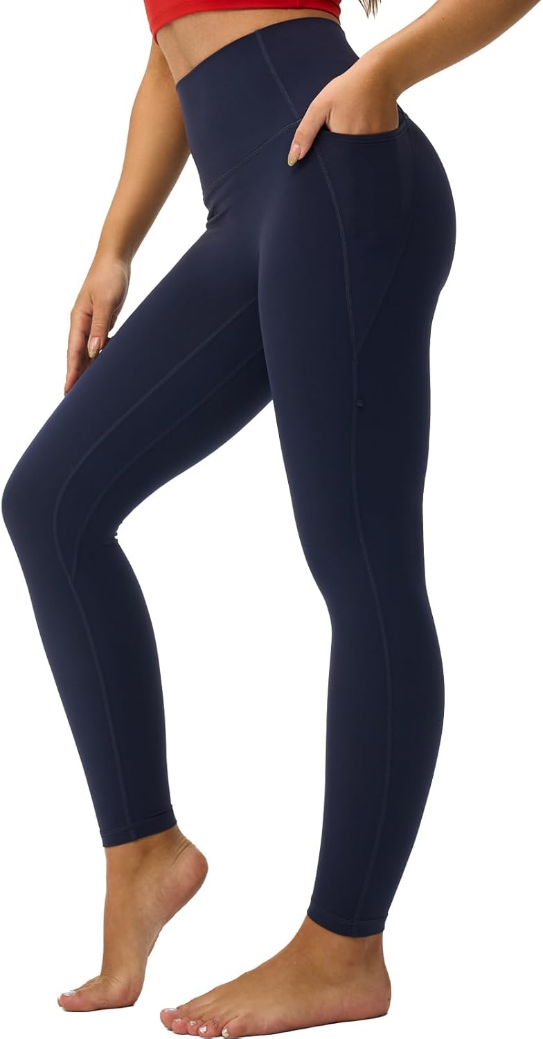 Women's High Waisted Yoga Leisure Leggings 25" Light Compression Butter Smooth Workout Legging Pants Side Pockets