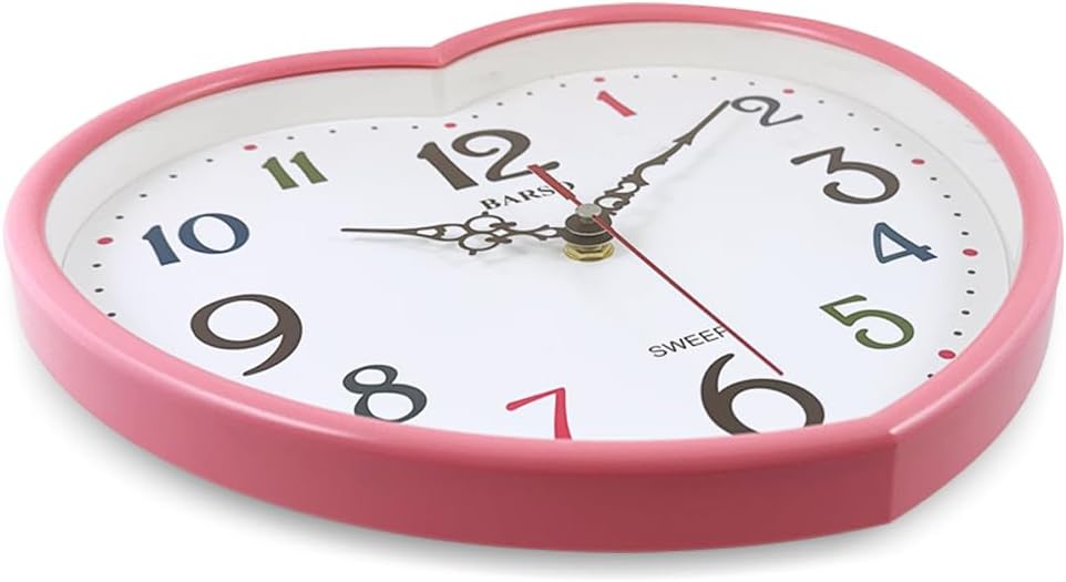 Love Heart Silent Wall Clock, 10 Inch – Colored Numbers, Perfect for Bedroom or Living Room (Pink)