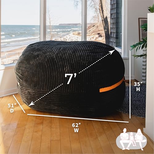 Image of Big Joe Fuf 7Ft Giant Foam Bean Bag Chair, Oversized Couch with Removable Cover for Kids, Teens, Adults, Black Licorice Corded Plush, 7 Foot