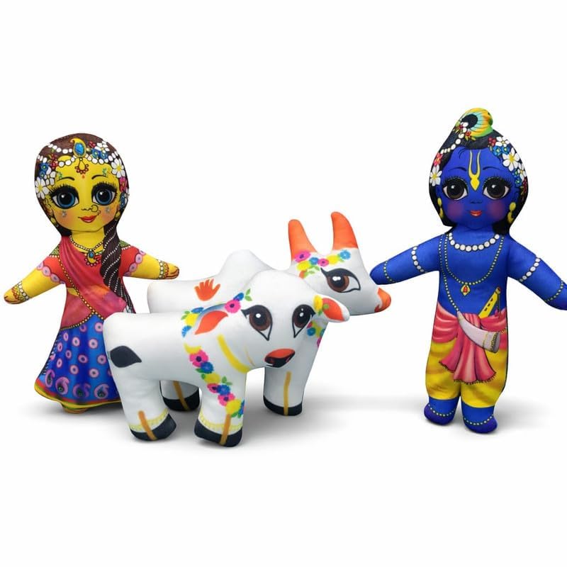 Image of Radha Krishna with Cow and Calf Stuffed Toy Set - Soft Plush Dolls for Kids & Toddlers | Devotional God Toys for Babies | Shri Radhe Krishna Toy Set