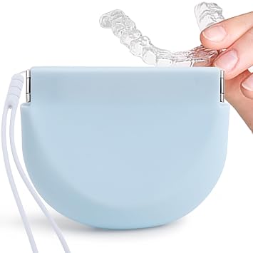 Retainer Case, Silicone Squeeze Top Retainer Holder with Lanyard, Slim Cute Aligner Case with Vent Holes, Portable Night Mouth Guard Container Denture Box for Travel Blue