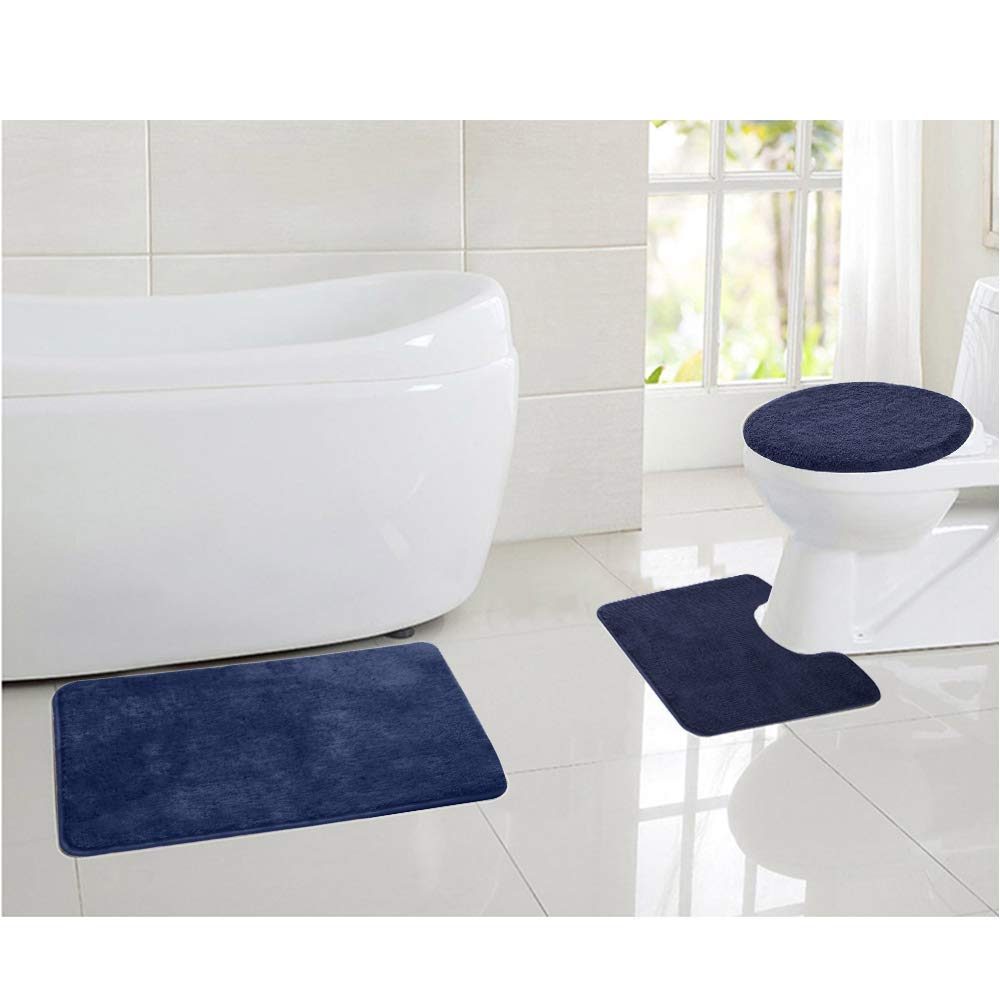 Lot de 3 tapis de bain antidérapants en microfibre douce à haute densité absorbant l'eau et lavable en machine (bleu marine)