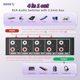 3.5mm Aux + RCA L/R Audio Switch Box 4 in 1 Out Bidirectional, BolAAzuL Stereo Audio Switcher Selector 4X1 Passive a/b Analog Audio Selector No Power Need