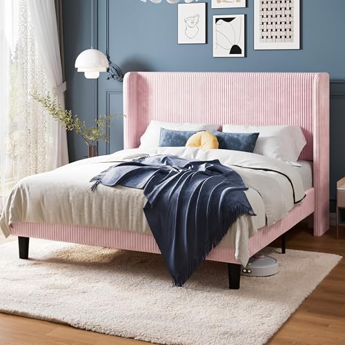 Image of Allewie Full Size Platform Bed with Corduroy Wingback Headboard, Pink | 800 lb Capacity, Corduroy Wingback Headboard, Vertical Channel Design, Wood Slat Support, No Box Spring Needed, Easy Assembly