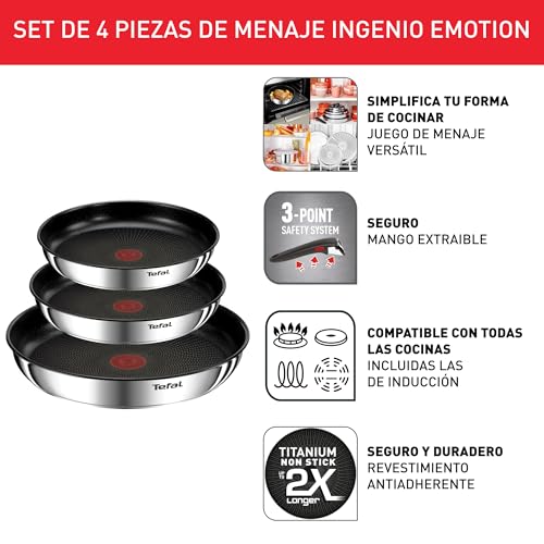 Tefal Ingenio Emotion - Juego de 3 Sartenes 22/24/28 cm + Mango extraíble, Apto inducción, antiadherentes, revestimiento titanio, Thermo-signal, apto lavavajillas y horno - imagen 3