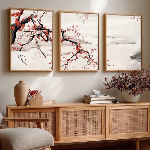 Image of kotart Big Aesthetic Cherry Blossom Tree Wall Framed Posters | Japanese Nature Art Framed Poster for Living Room Bedroom Wall Decor Set Of 3 (14x20 Inch)