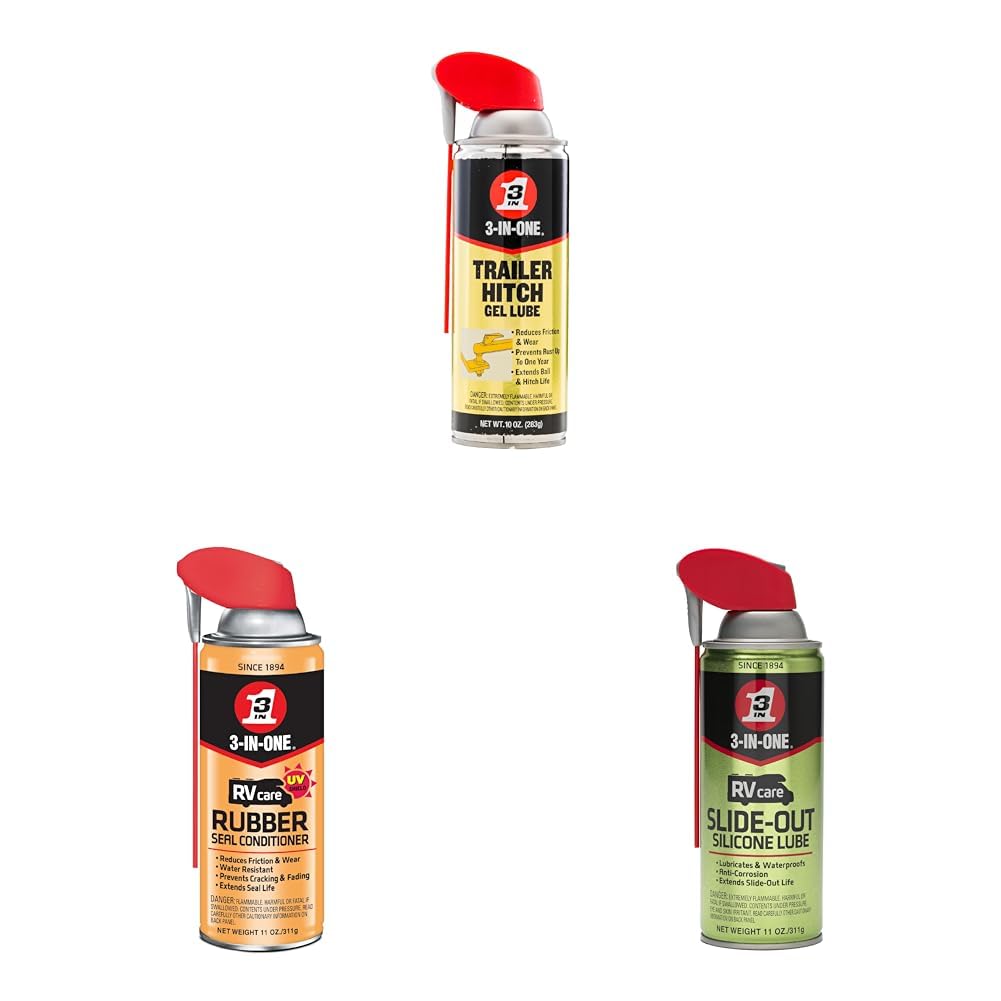3-IN-ONE Trailer Hitch Gel Lube & RVcare Rubber Seal Conditioner with Smart Straw Sprays 2 Ways, 11 OZ & RVcare Slide-Out Silicone Lube, Premium RV Slide-Out Lubrication, 11 OZ. Can 1-Pack