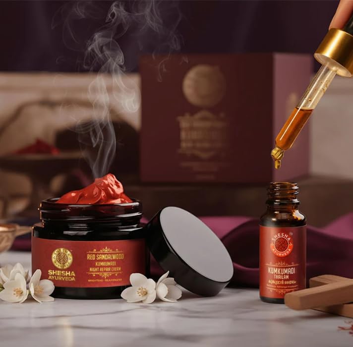 Image of SHESHA AYURVEDA Combo of Red Sandalwood Skin Brightening & Night Repair Cream and Ayurvedic Kumkumadi Thailam | Hydrating anti-aging and radiant skin 50gm+5ml