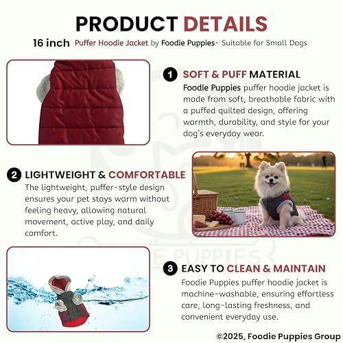 Image of Foodie Puppies Dog Puffer Hoodie Warm Winter Jacket - (Maroon Grey, 16 Inch) for Small Dogs | Ultra Warm Waterproof & Windproof Fur Coat | Washable Pet Vest Apparel for Cold Weather