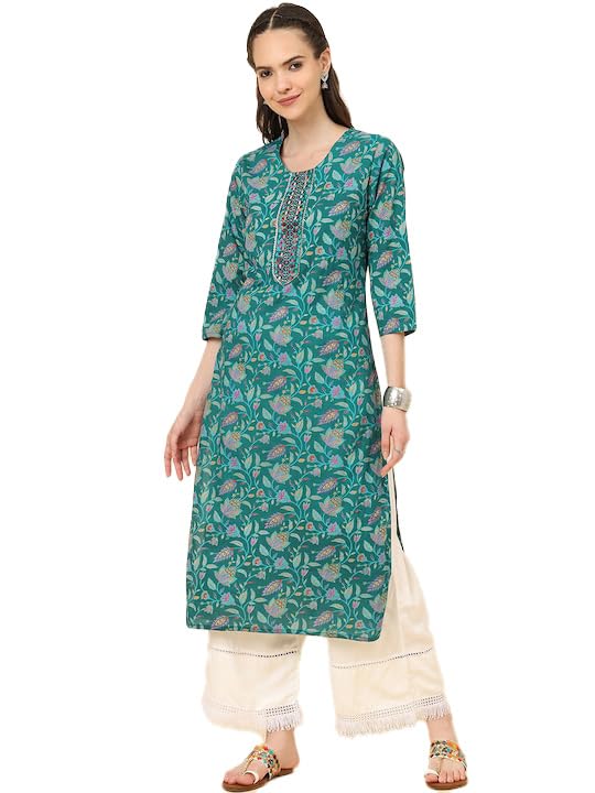 Varanga Womens Turquoise Blue Floral Printed Straight Kurta  Elegant, Comfortable, And Stylish For Women (Medium)
