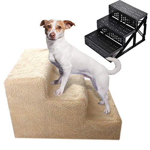 Coziwow Cute 3 Steps Pet Stair - Removable Cover, For Dogs And Cats, Slip Resistant, High Bed In Beige, 11.7" H #TOP7