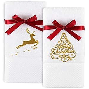 Quera 2 Pack Christmas Hand Towels Christmastree Reindeer 100% Cotton Embroidered Premium Luxury Decor Bathroom Set for Drying, Cleaning, Cooking, Holiday Towels Gift Set 13.7” X 29.5”