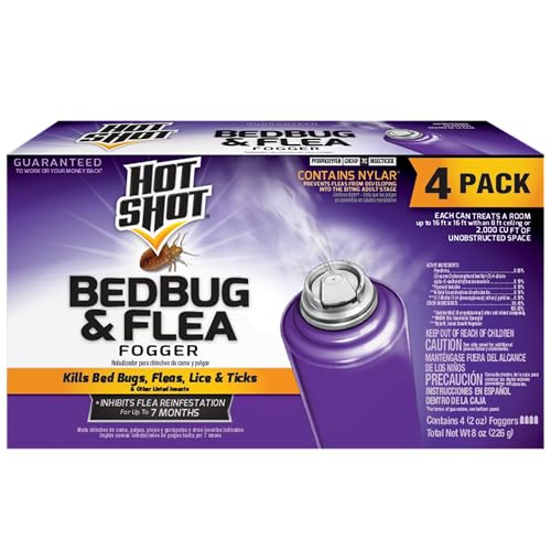 Hot Shot Bedbug and Flea Fogger 4 Count-2 Ounce Cans, with Nylar, Inhibits Flea...