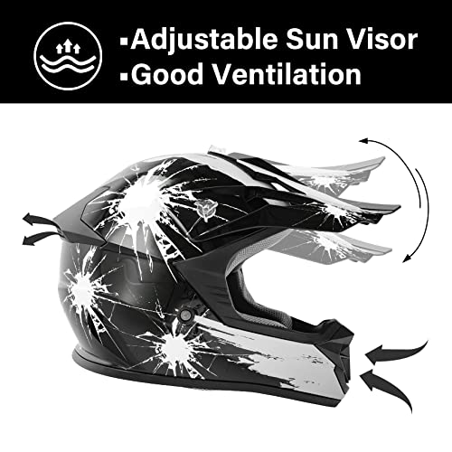 Image of XFMT Youth Dirt Bike Helmet DOT Kids Full Face Helmet for Motocross ATV Off-Road Street Bike Four Wheeler with Goggles & Gloves, Black White Firework Small